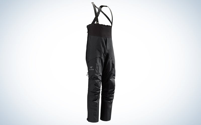 A black Arc'Teryx Alpha SV Men's Bib on a plain background