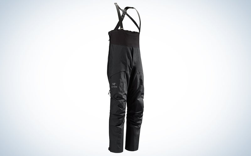 A black Arc'Teryx Alpha SV Men's Bib on a plain background