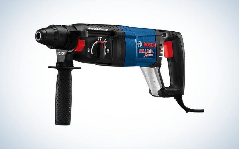 black, blue, and red Bosch 11255VSR Bulldog Xtreme SDS-Plus Rotary Hammer over white background