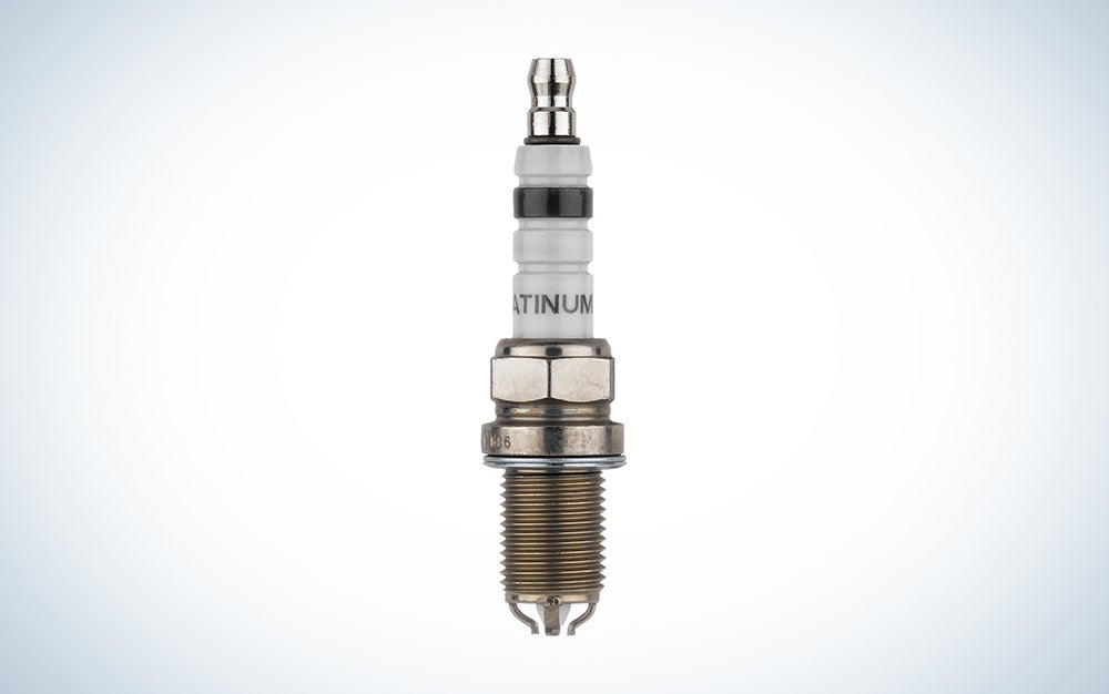 Bosch 4417 Platinum+4 FGR7DQP Spark Plug over a white background with a gradient