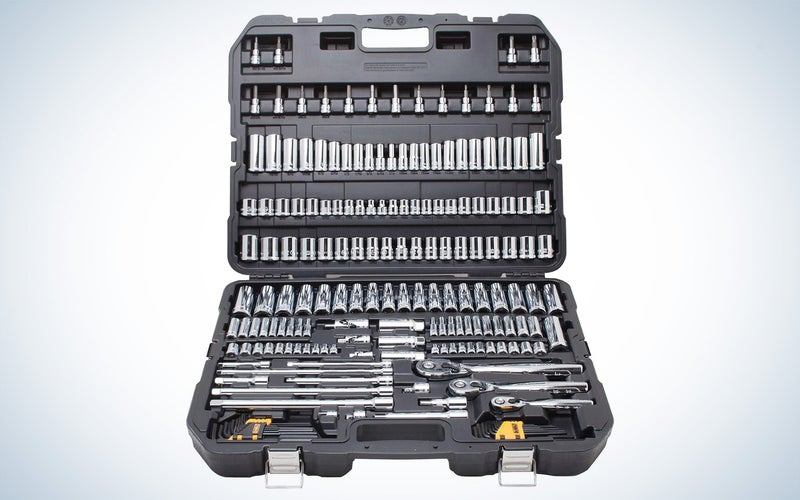 DeWalt's mechanic's tool set on sale for black friday on a plain background