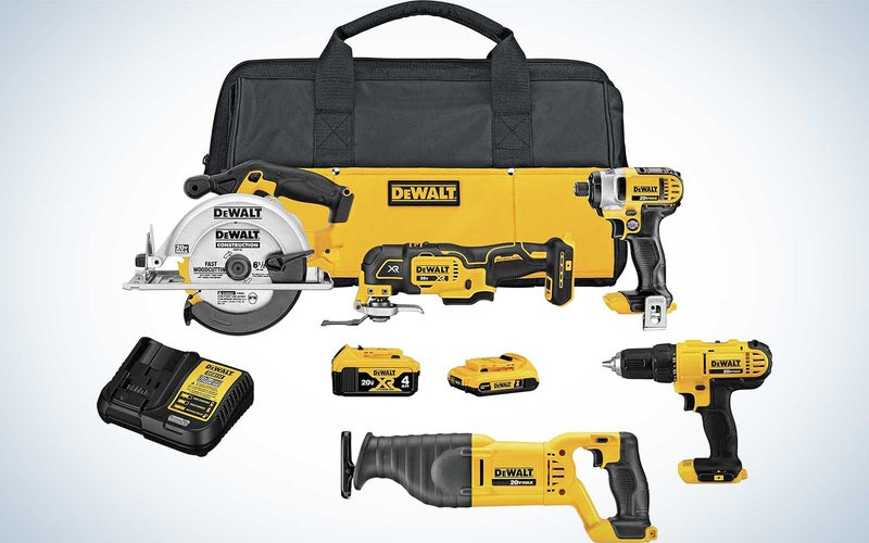 DeWalt tool kit arranged on a plain background for black friday