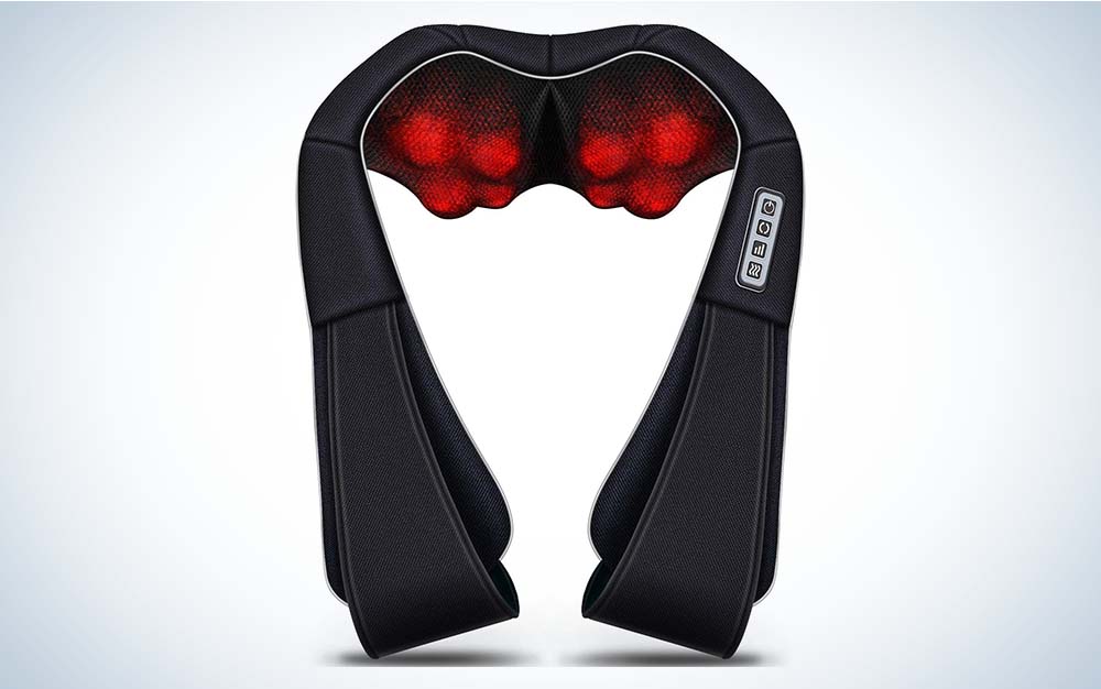 A black Viktor Jurgen Shiatsu Neck and Back Massager with red heated panels for deep tissue massage.