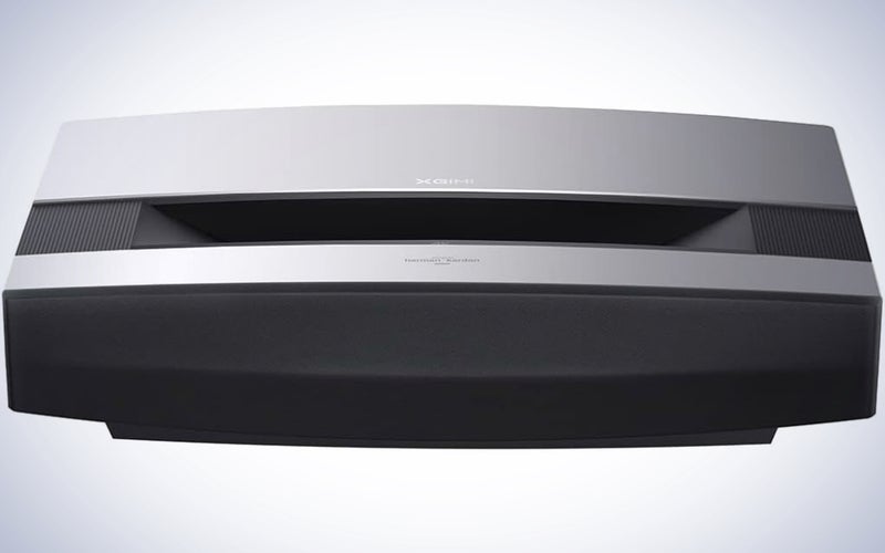 A XGIMI Aura 4K UHD Ultra Short Throw Laser Projector on a plain background